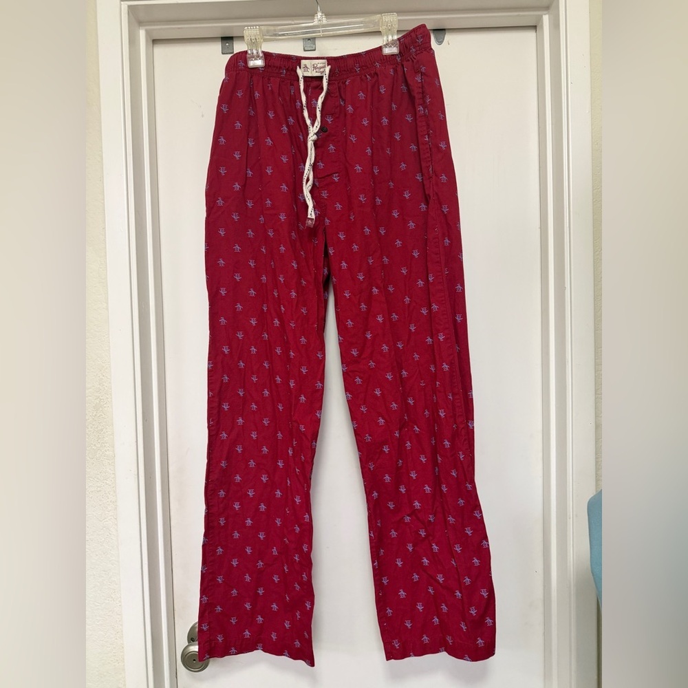 Original Penguin men’s pajama bottoms. Red with blue penguins - size M